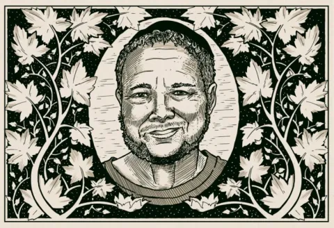 Black and gray illustration of Marius Mason with flowers framing his face