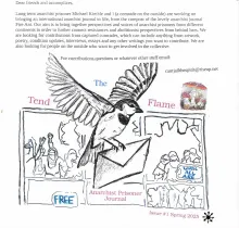 Image with bird flying over prison with title "Tend The Flame"